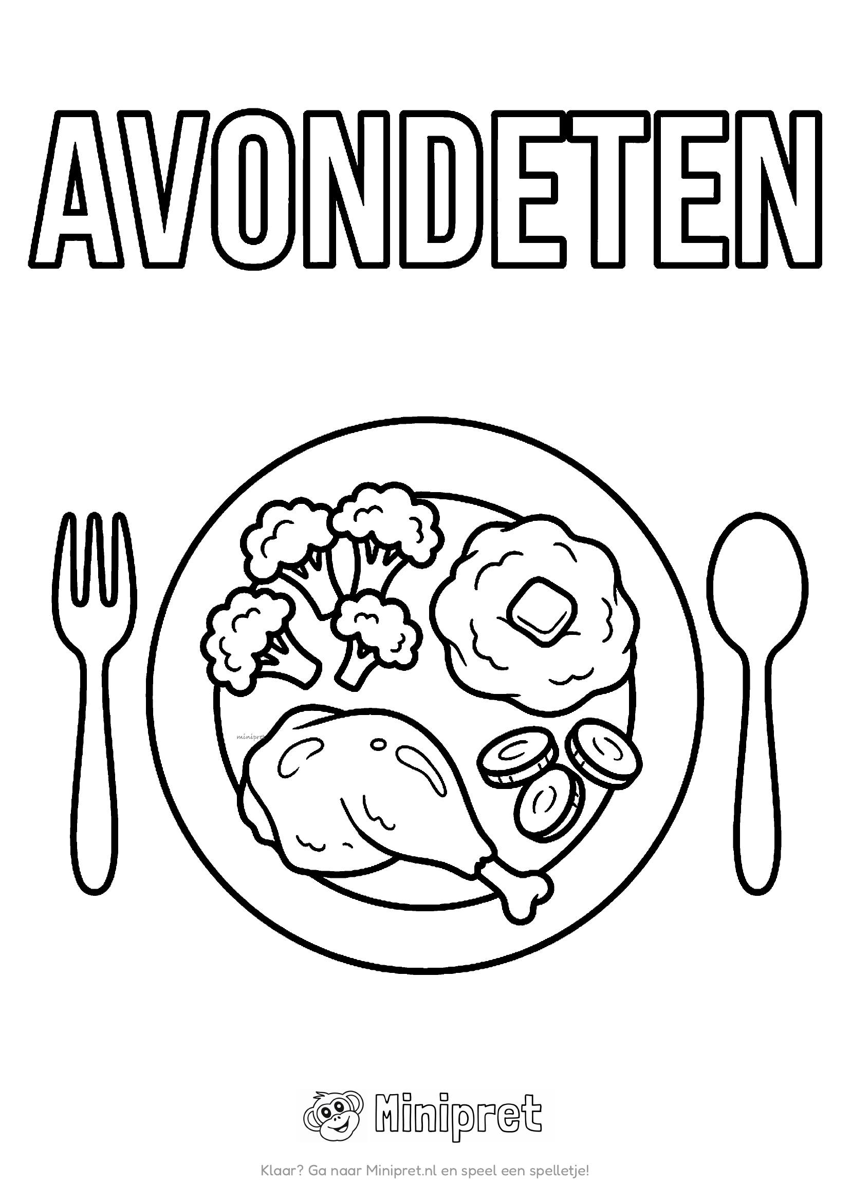 Avondeten als kleurplaat: gedekt bord met avondeten — vlees, groente en aardappelen op een tafel met bestek