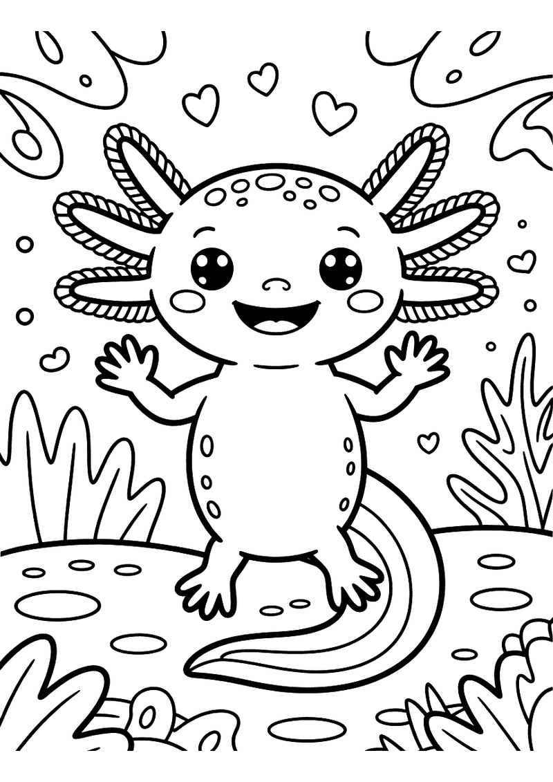 Kawaii kleurplaat van een lachende axolotl die met beide pootjes zwaait omringd door hartjes en waterplanten in een vijv