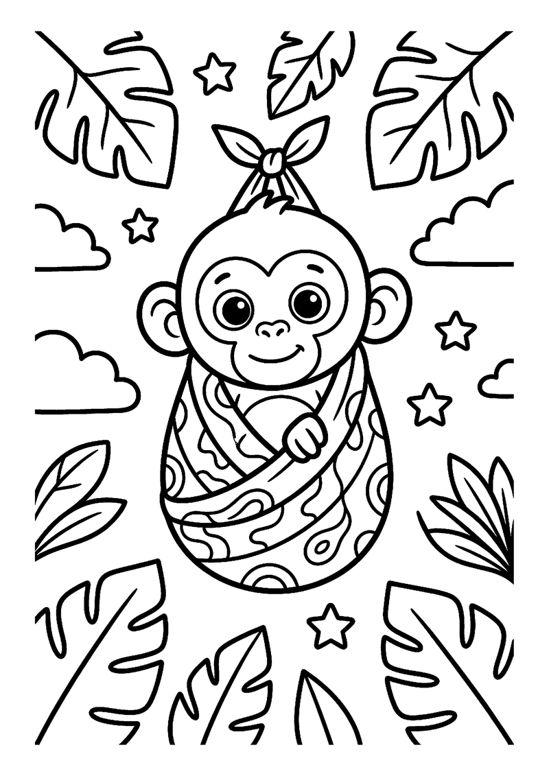 Kleurplaat met een schattige baby aap ingepakt in een doek met junglebladeren en sterretjes.