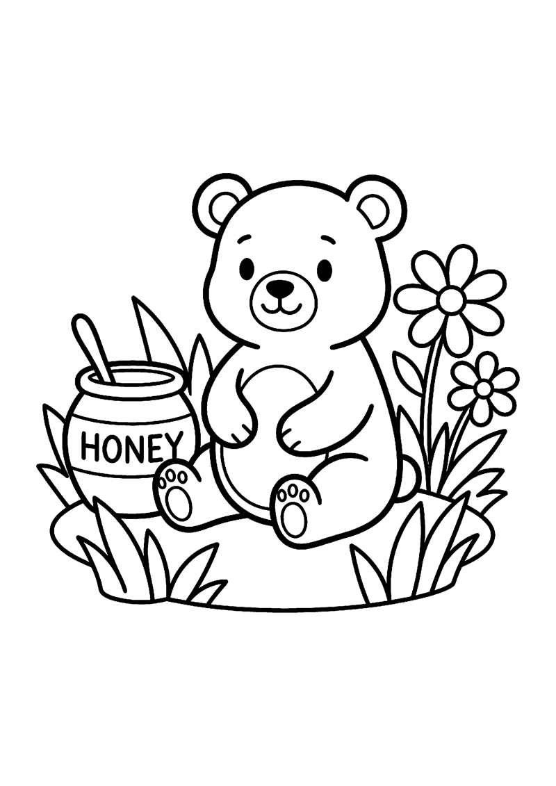 Baby beer met honingpot tussen bloemen kleurplaat