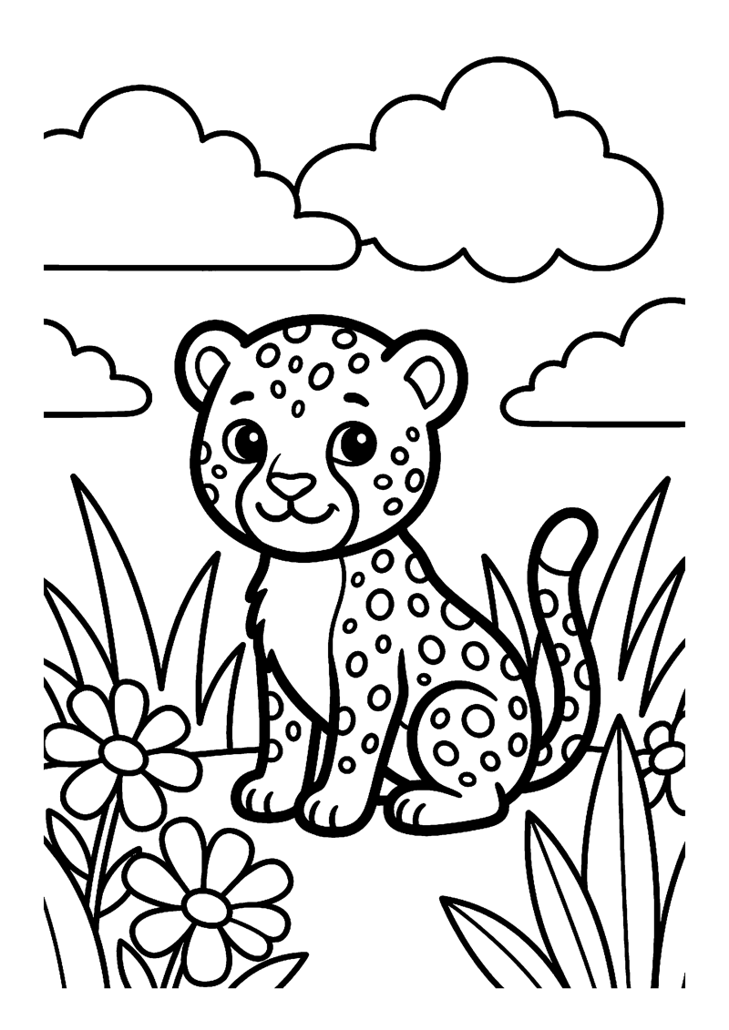 Baby cheetah met stippen tussen bloemen kleurplaat