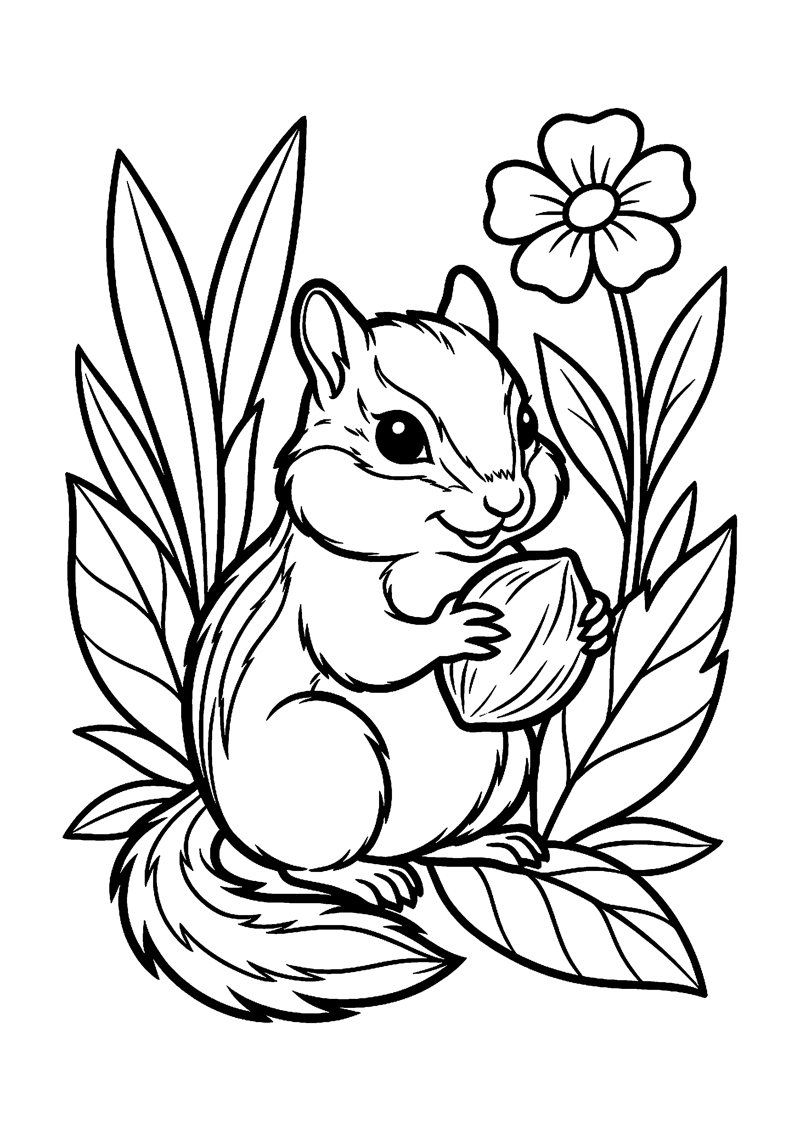 Kleurplaat van een chipmunk met dikke staart die een grote noot tussen pootjes vasthoudt, tussen bladeren en een bloem.