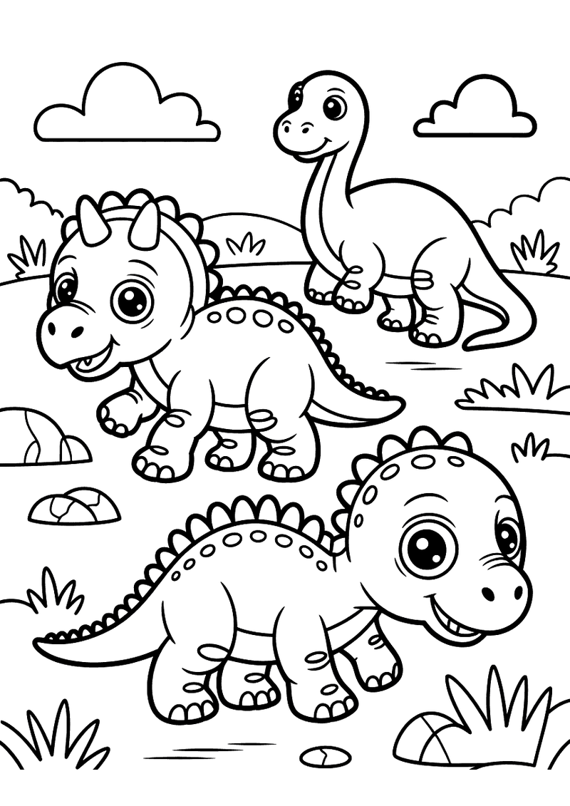 Kleurplaat van drie schattige baby dinosaurussen naast elkaar: een triceratops, een brachiosaurus en een stegosaurus die