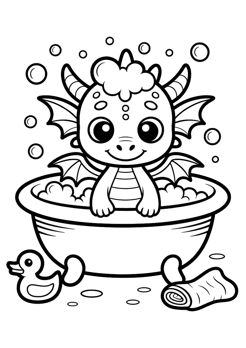 Kleurplaat van een schattige baby draak met vleugels en horens die in een bubbelbad zit met een badeend en een handdoek