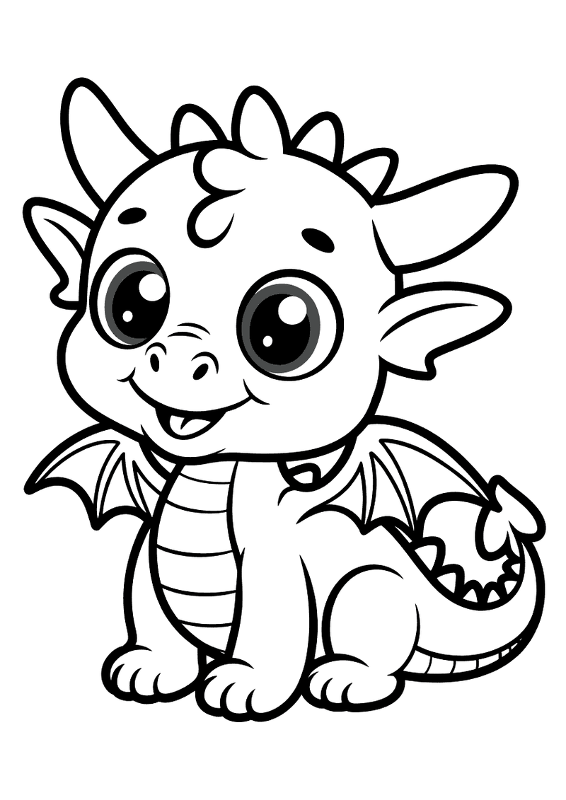 Kleurplaat van een schattige baby draak met grote ronde ogen, kleine vleugels en een brede lach die zit met zijn staart