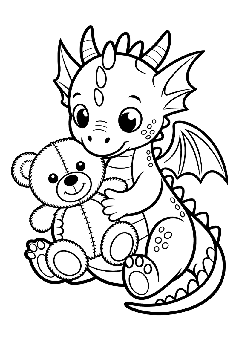 Kleurplaat van een schattige baby draak met grote ogen die een teddybeer vasthoudt en innig omhelst met zijn kleine armp