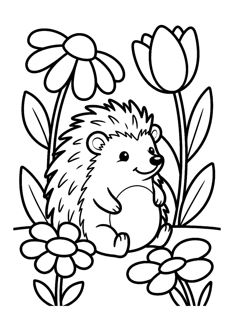 Kleurplaat met een schattige baby egel tussen tulpen en bloemen.