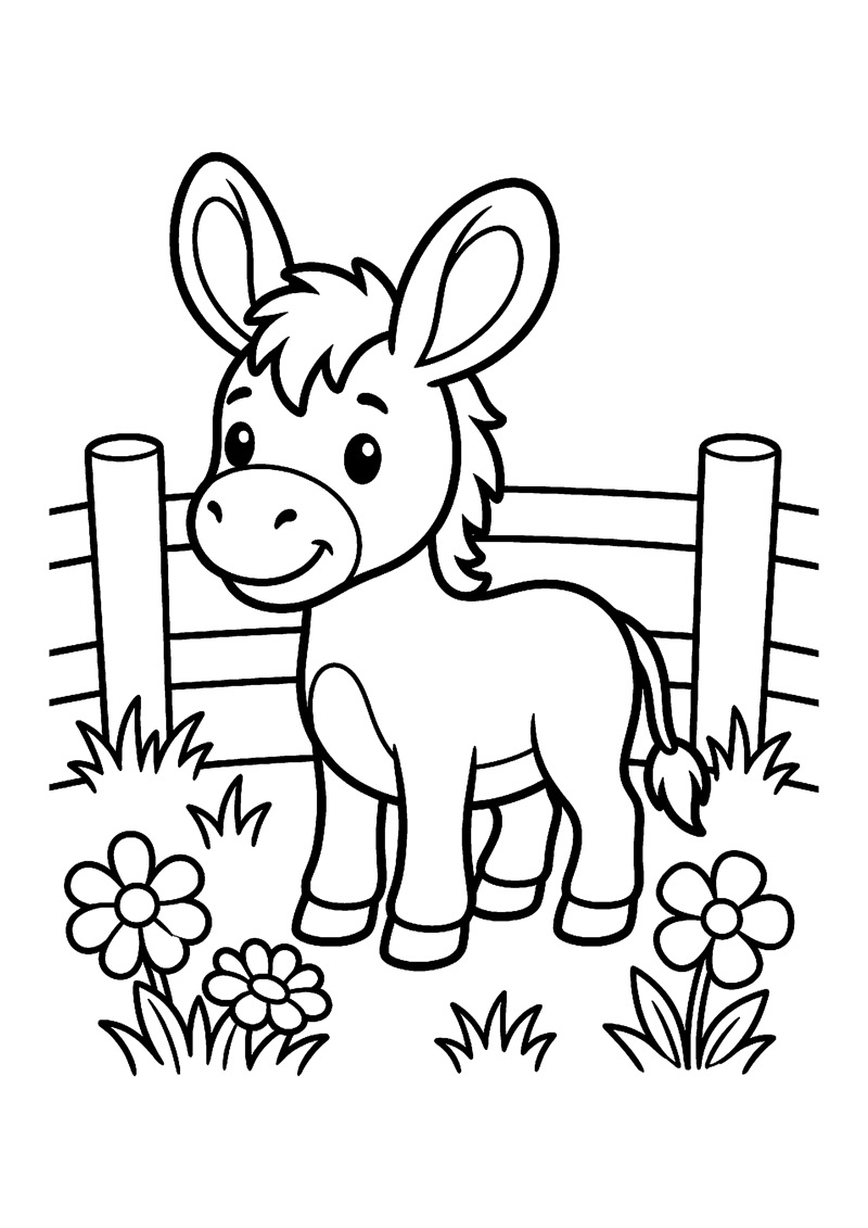 Kleurplaat van een lachende baby-ezel met grote oren voor een houten hek, met twee bloemen en grassprietjes.