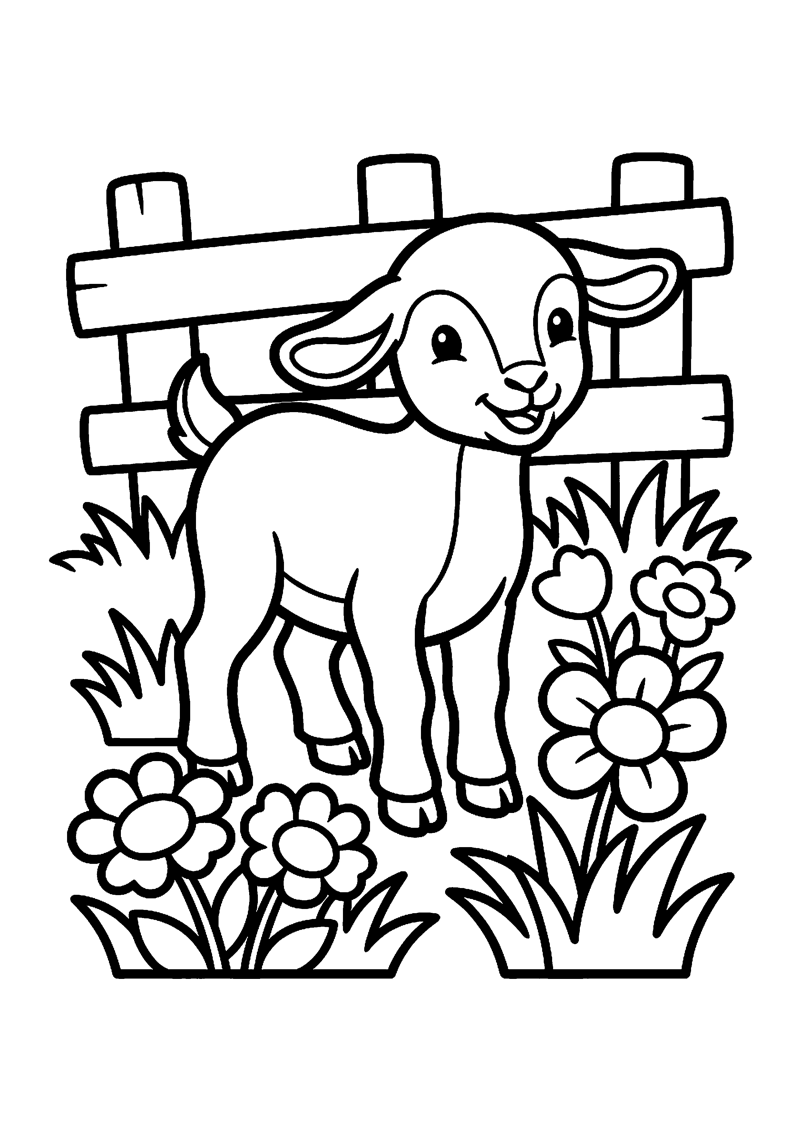 Kleurplaat met een lammetje dat bij een houten hek staat met bloemen en een grote zon erboven.