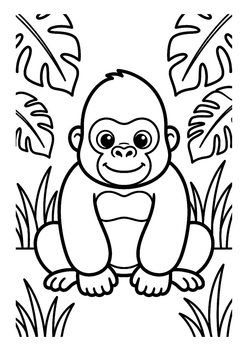 Kleurplaat met een baby gorilla die zit tussen grote junglebladeren en planten.