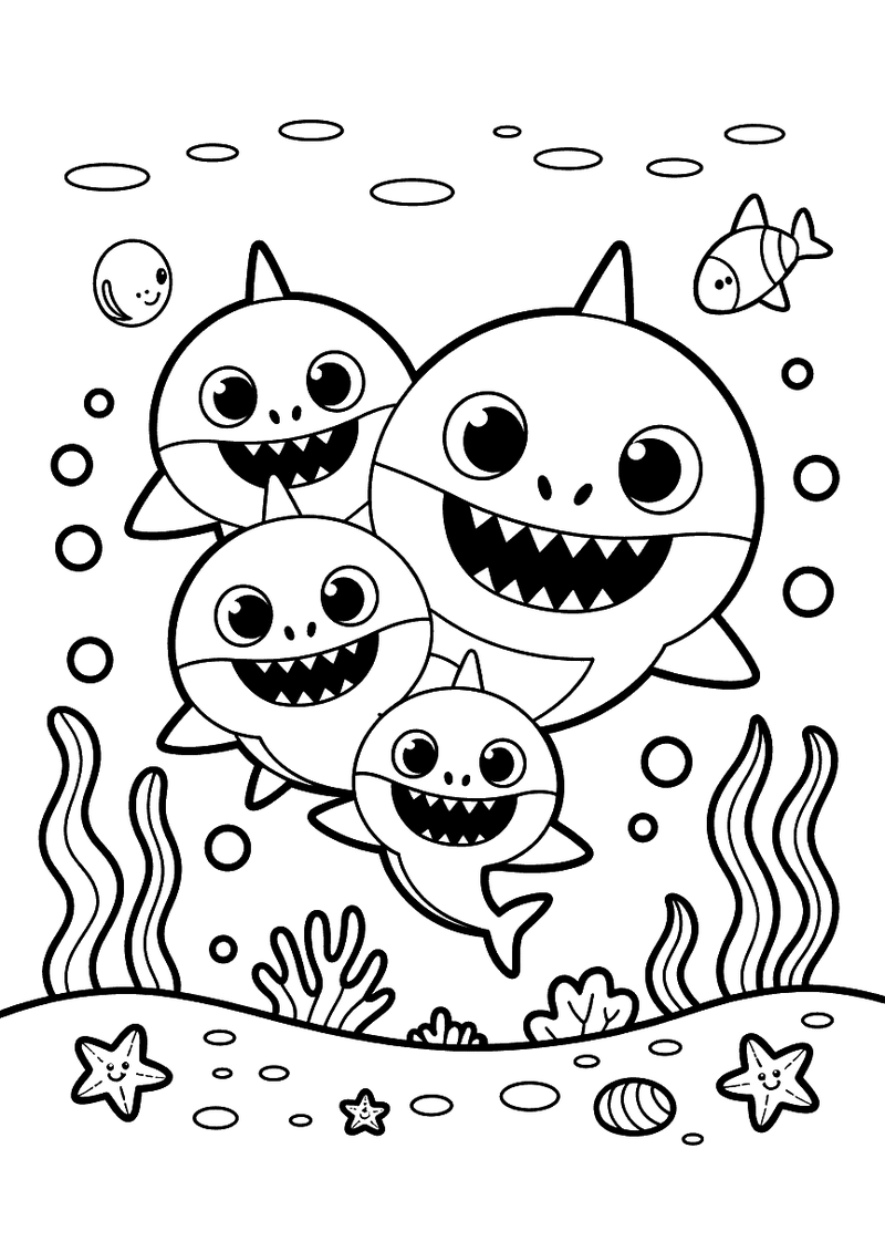 Kleurplaat van drie schattige baby haaien die lachen en samen onderwater zwemmen tussen zeewier, schelpen en een zeester