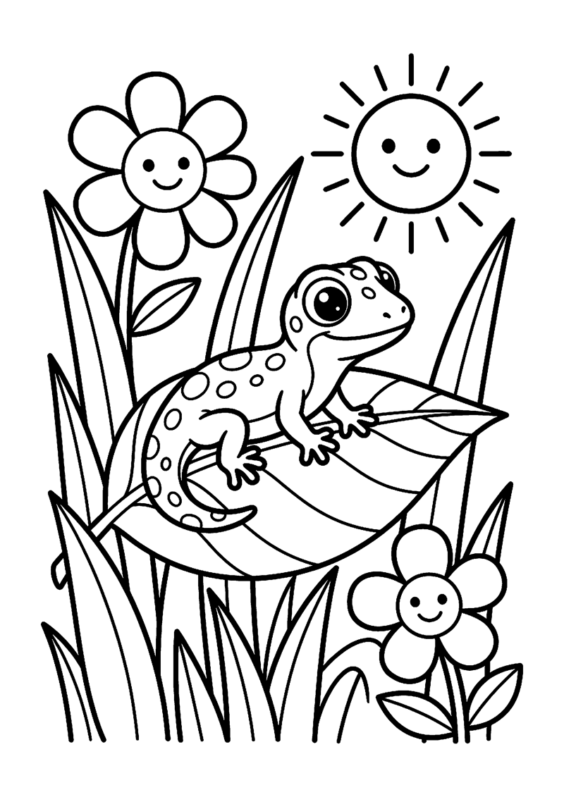 Kleurplaat met een baby hagedis op een groot blad met een lachende bloem en zon.