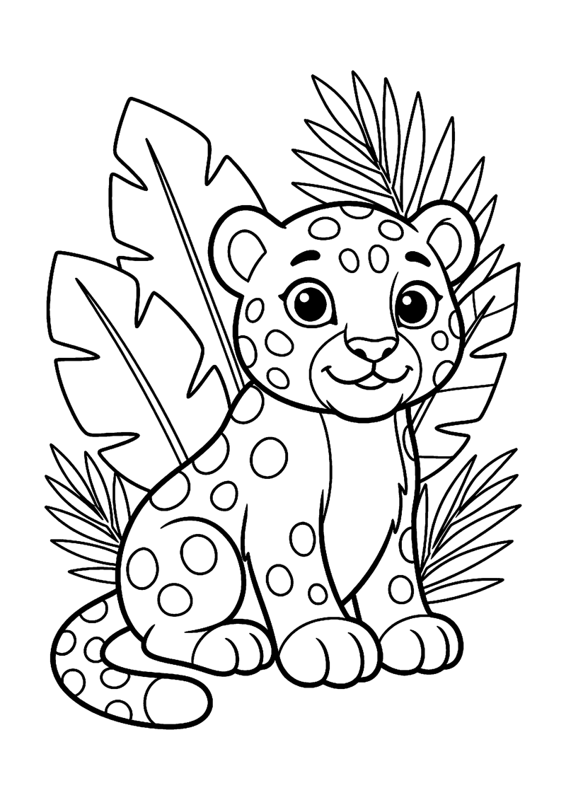 Kleurplaat met een baby jaguar met vlekken zittend tussen grote junglebladeren.