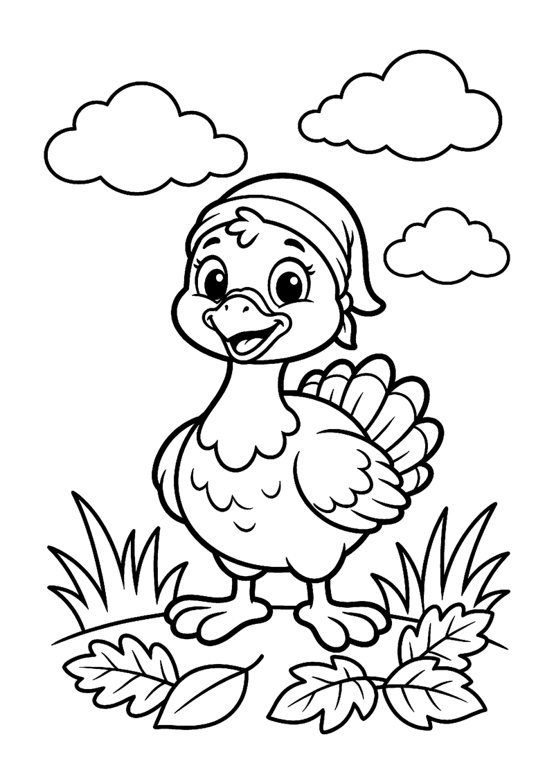Kleurplaat met een schattige baby kalkoen met staartveren in het gras met wolken en bladeren.