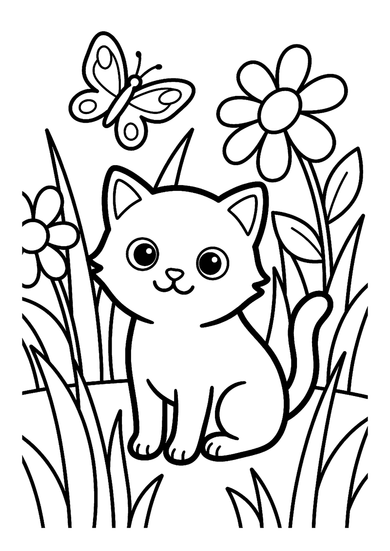 Kleurplaat met een schattig baby kitten in het gras met een vlinder en bloemen.