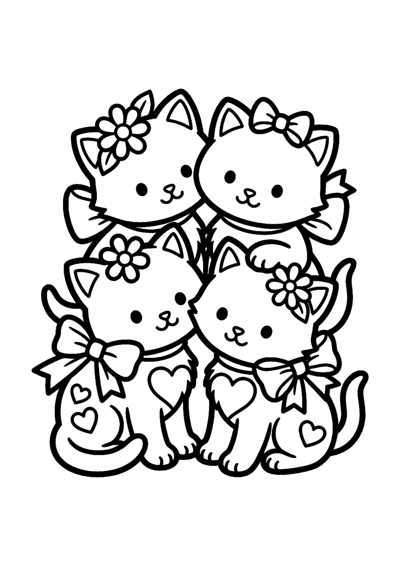 Vier baby kittens met strikjes kleurplaat