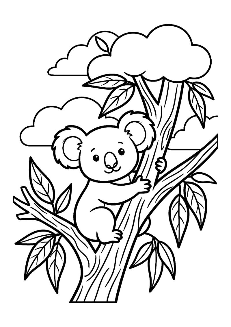 Kleurplaat met een baby koala die zich vasthoudt aan een eucalyptusboom met wolken.