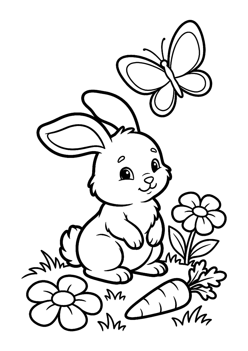 Kleurplaat met een schattig konijn in het gras met een wortel, bloemen en een vlinder erboven.