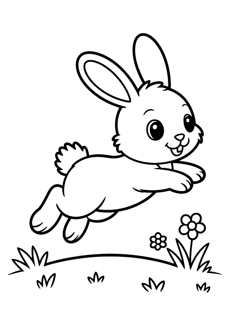 Kleurplaat van een vrolijk babykonijntje dat huppelend springt door een grasveld met kleine bloemen op de grond