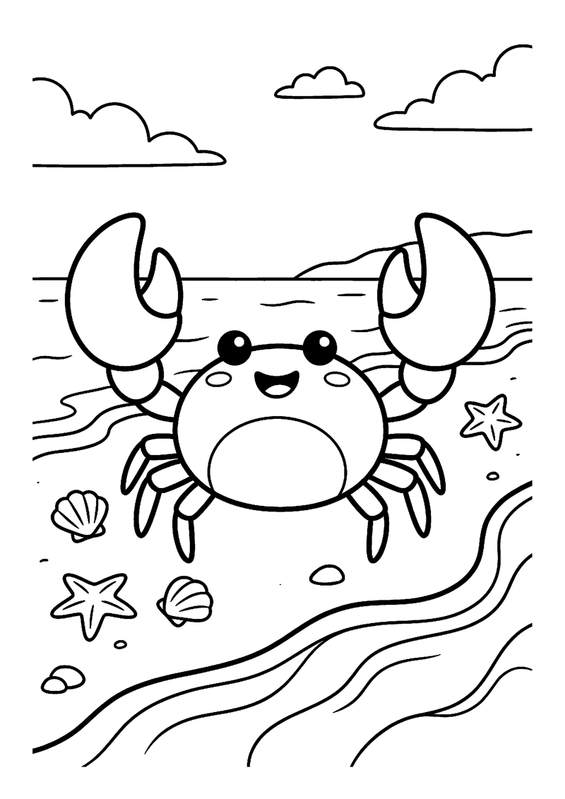 Kleurplaat van een lachende baby-krab met grote scharen op het strand met zee, golven, twee zeesterren en schelpen.