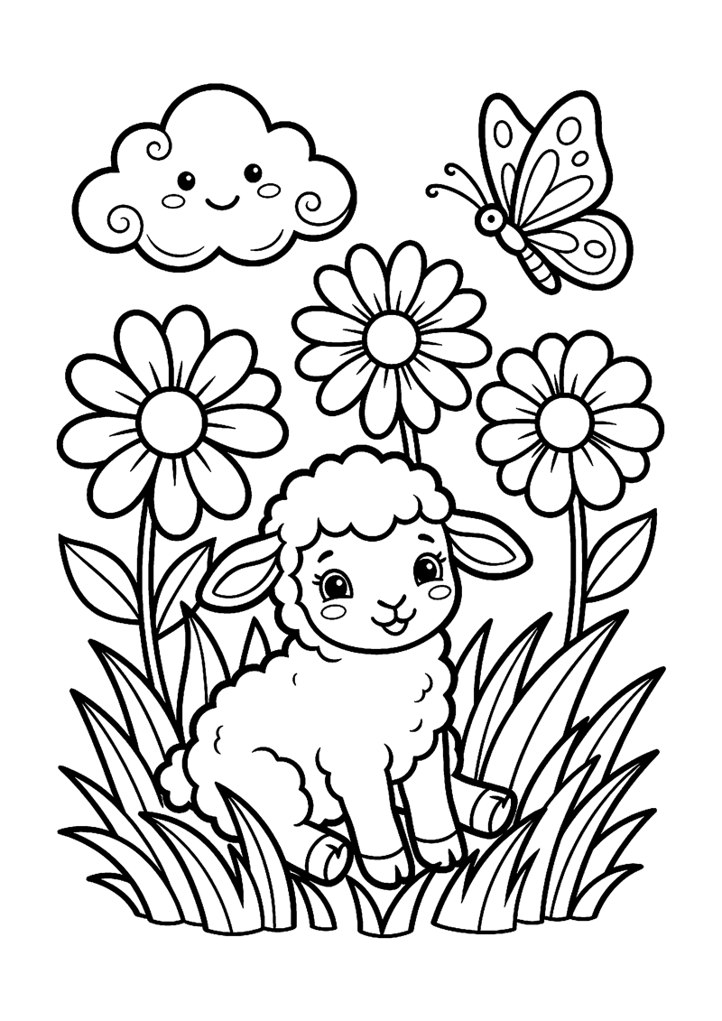 Kleurplaat met een schattig baby lammetje tussen grote bloemen, een vlinder en een lachende wolk.