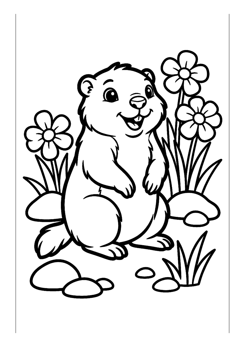 Kleurplaat met een schattige baby marmot tussen gras en bloemen op de grond.