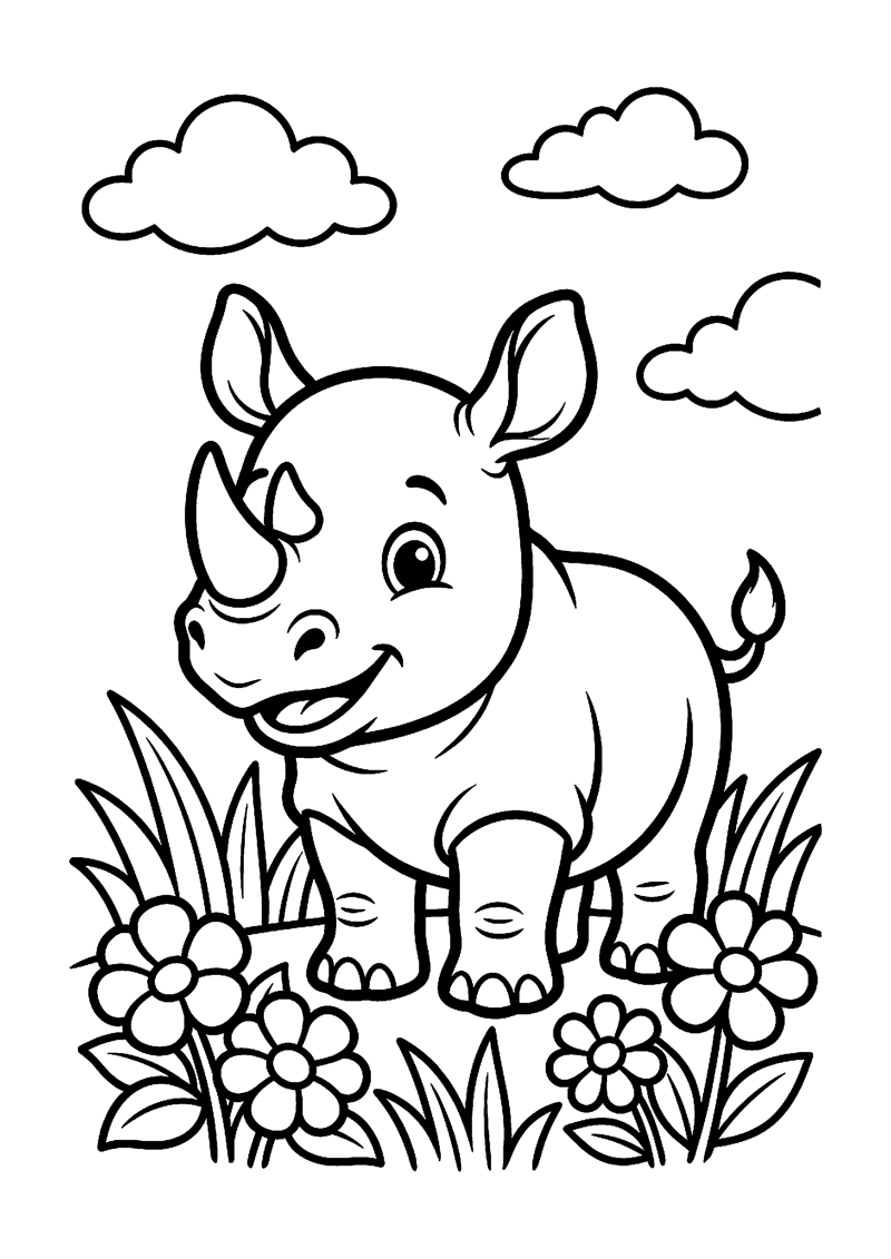 Baby neushoorn staand kleurplaat — gratis kleurplaat