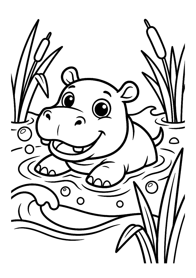 Kleurplaat met een schattig baby nijlpaard dat in het water staat met rietplanten eromheen.