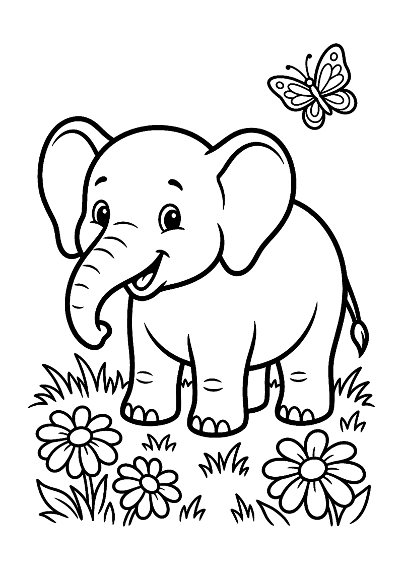 Kleurplaat van een lachende baby-olifant met grote oren en slurf, met een vlinder en madelieven in het gras.