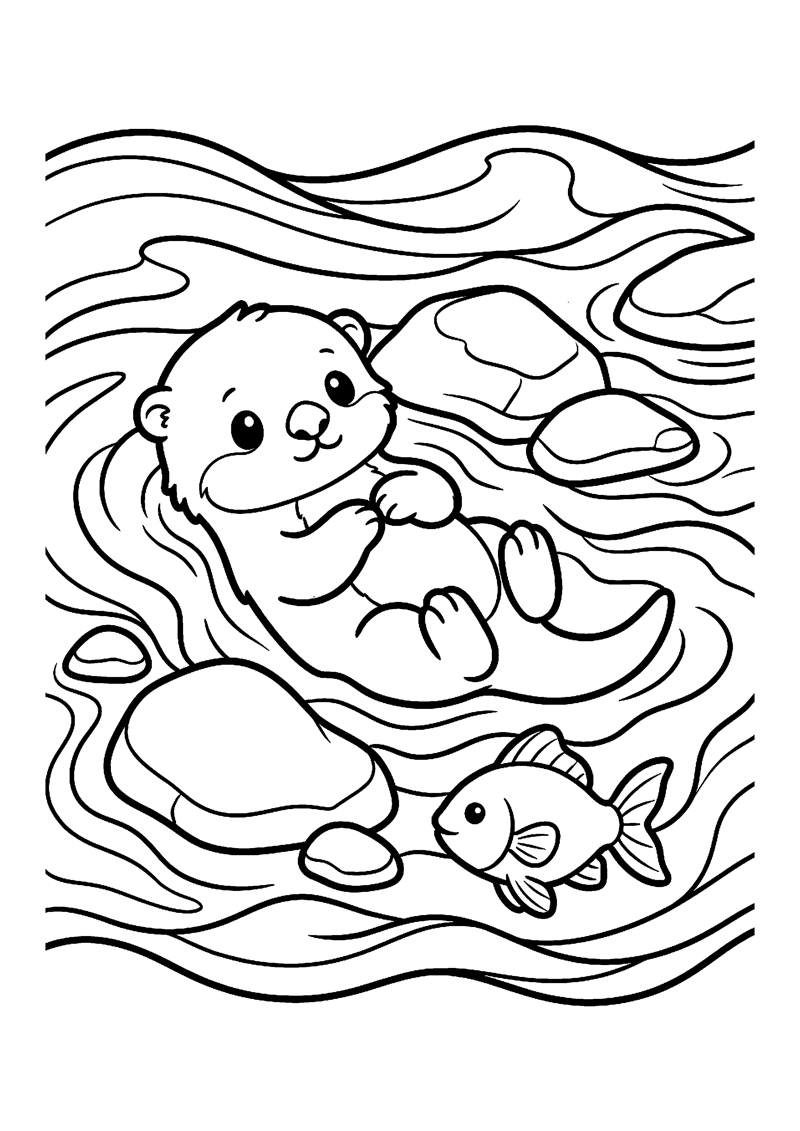 Kleurplaat met een baby otter drijvend op zijn rug in het water tussen stenen met een vis.