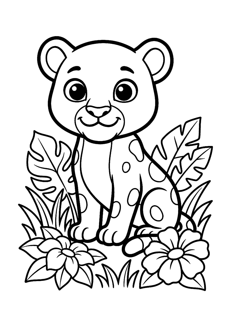 Kleurplaat met een baby panter met vlekken tussen junglebladeren, gras en bloemen.