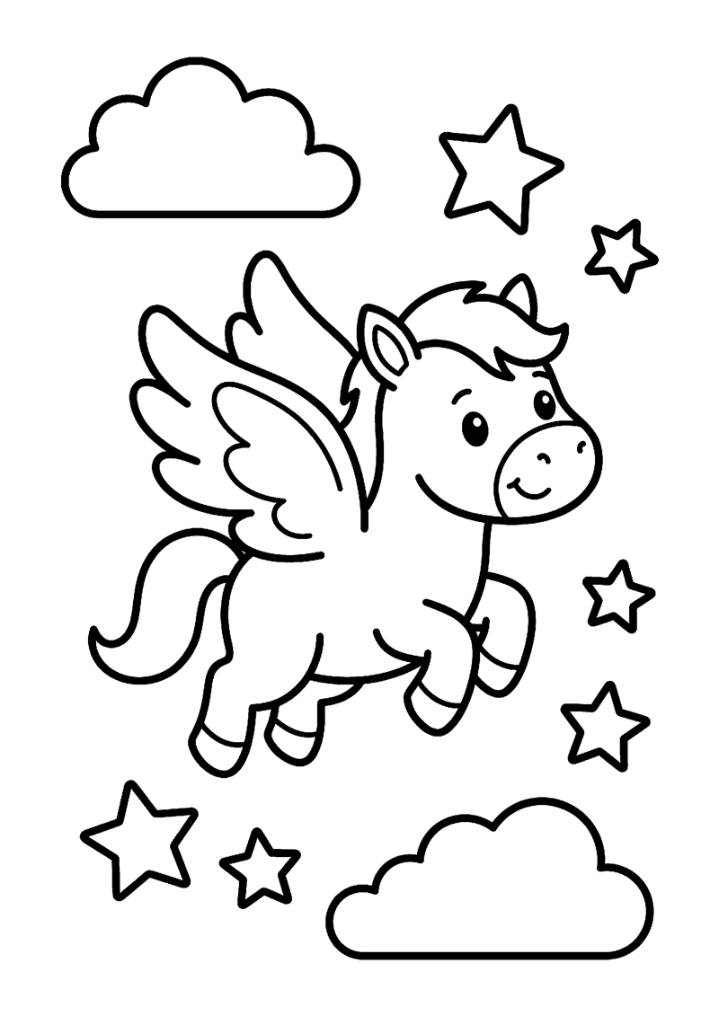 Kleurplaat met een baby Pegasus met vleugels die vliegt tussen wolken en sterren.