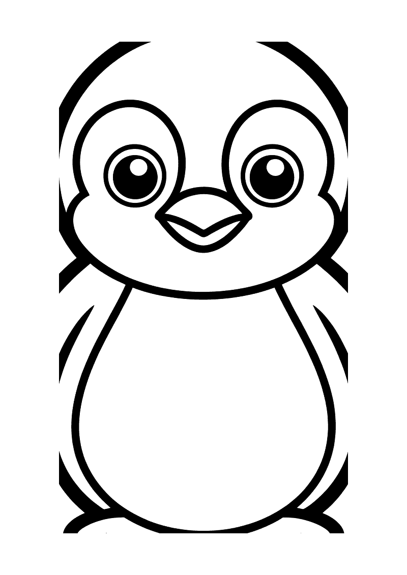 Kleurplaat van een baby pinguin die rechtop staat met grote ronde ogen en een klein snaveltje, met vleugels langs het li