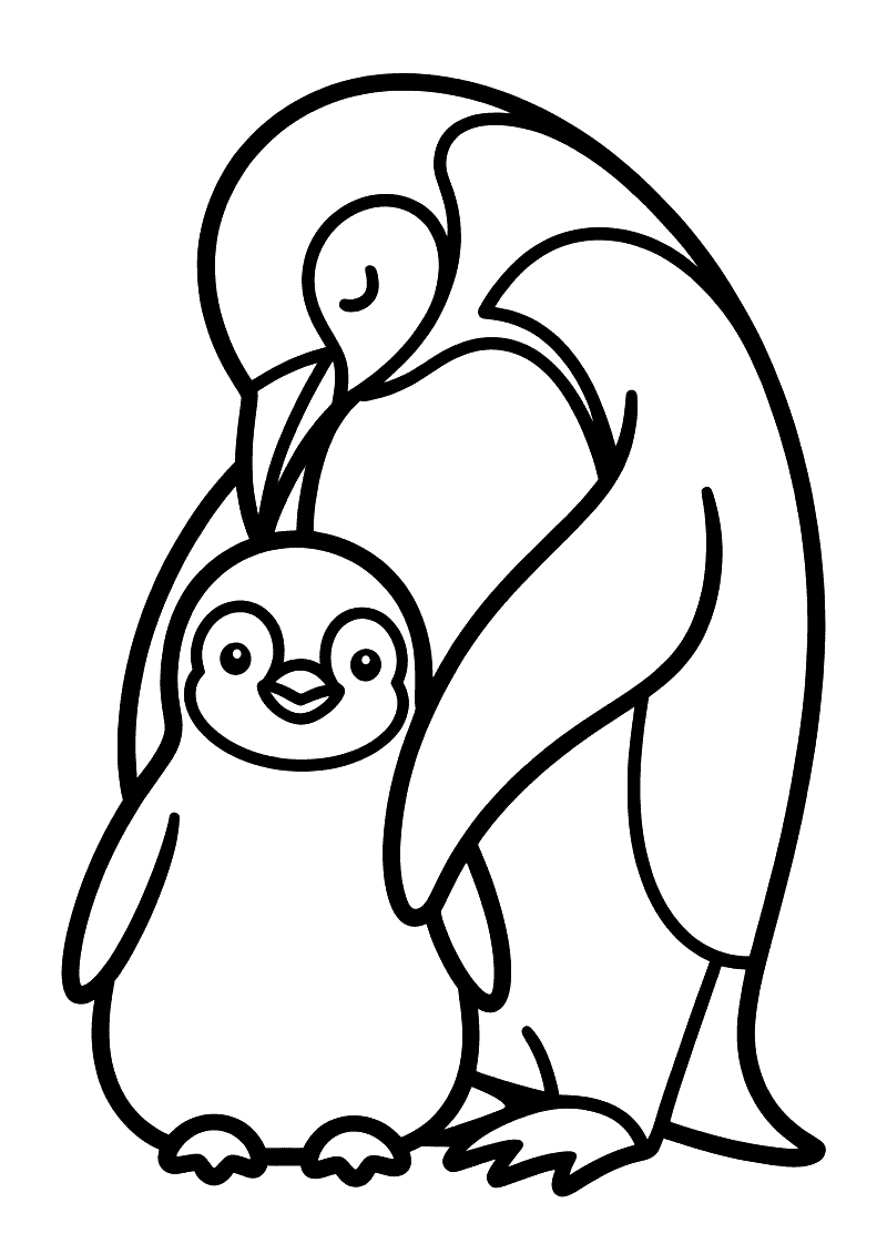 Baby pinguin knuffelt mama kleurplaat