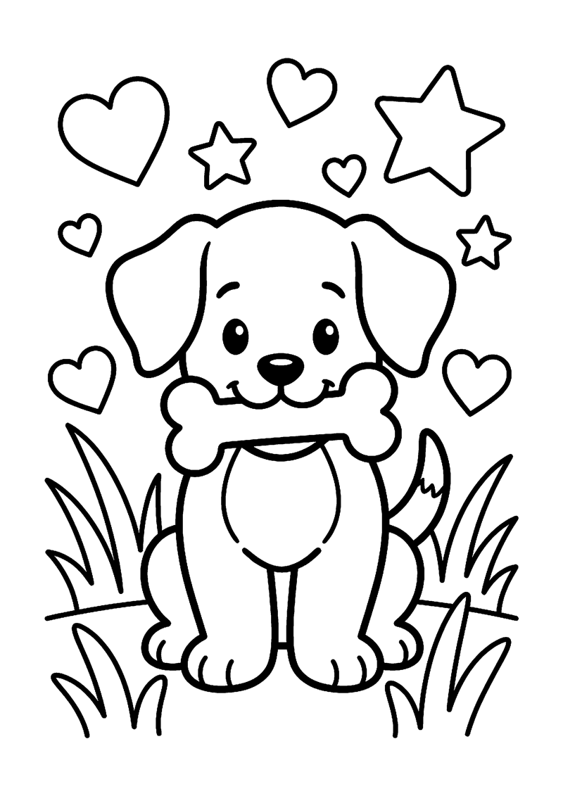 Puppy met bot en hartjes kleurplaat