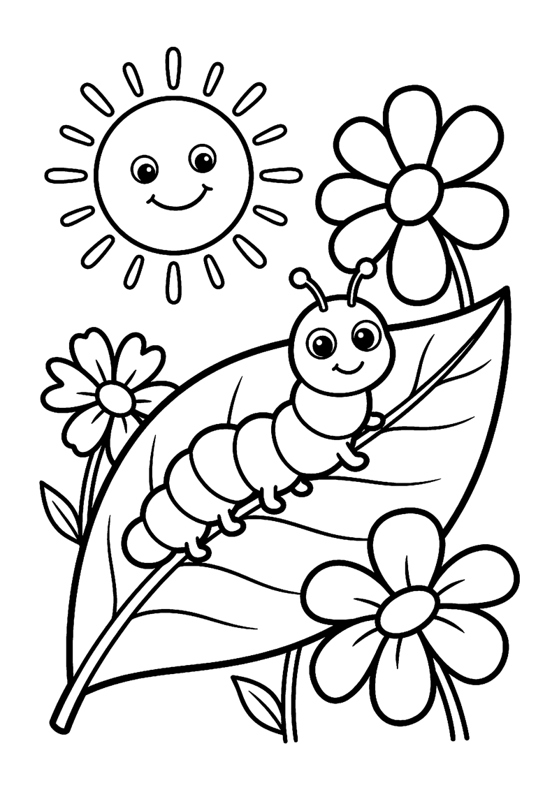 Kleurplaat van een lachende baby-rups met segmenten op een groot blad, met een lachende zon en madelieven.