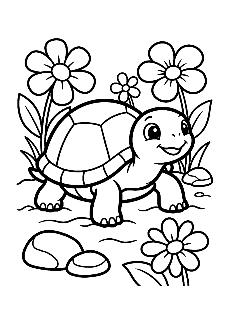Kleurplaat met een schattige baby schildpad met schild tussen grote bloemen, stenen en planten.