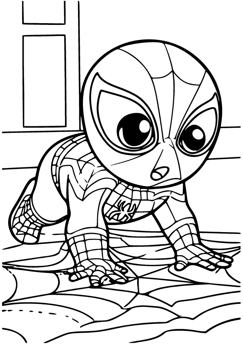 Kleurplaat van baby Spider-Man die op handen en knieën over een spinnenweb kruipt, met een raam op de achtergrond
