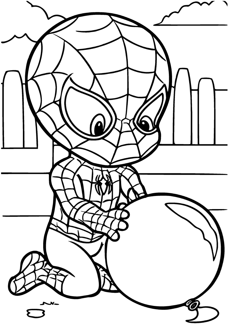 Kleurplaat van baby Spider-Man die geknield een grote ballon vasthoudt, met een houten hek en wolken erachter