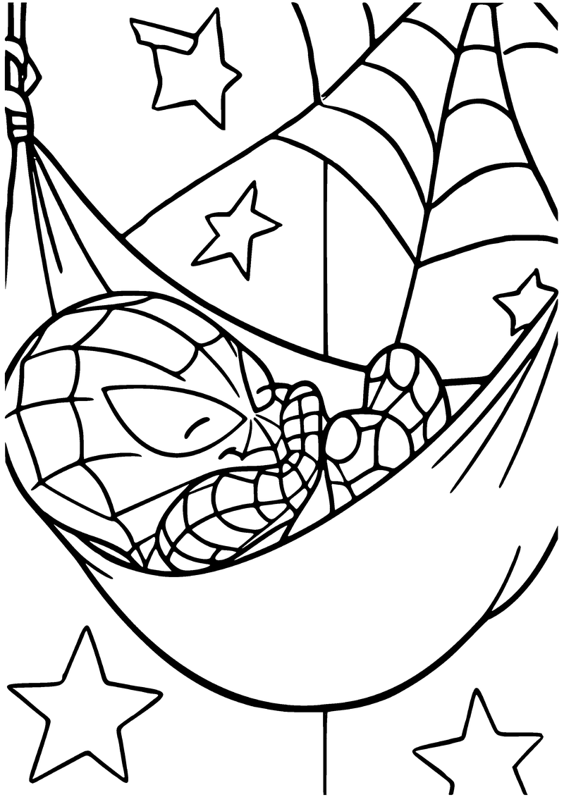 Kleurplaat van baby Spider-Man die met dichte ogen ligt te slapen in een hangmat, met sterren en een spinnenweb eromheen