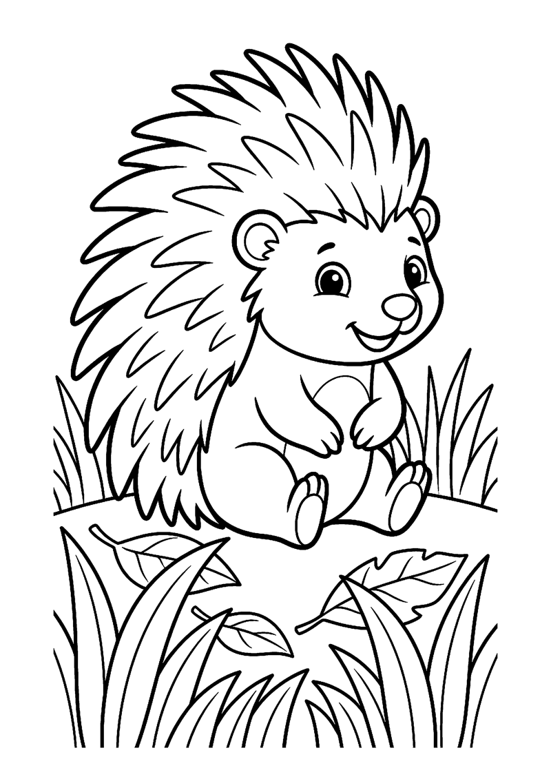Kleurplaat met een schattig baby stekelvarken met grote stekels in het gras met blaadjes.