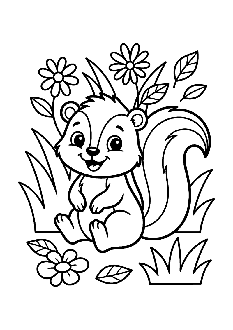 Kleurplaat met een schattig stinkdier met grote staart tussen bloemen, blaadjes en gras.