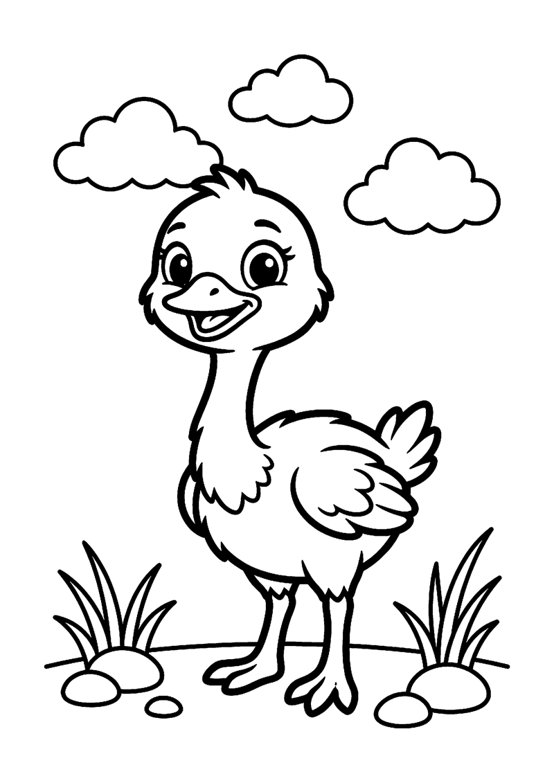 Kleurplaat met een schattig baby struisvogel kuiken in het gras met wolken aan de hemel.