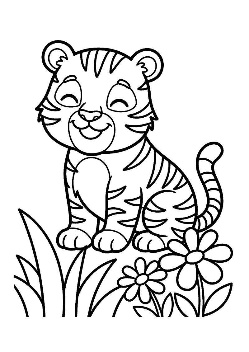 Kleurplaat met een schattige baby tijger met strepen in het gras met bloemen.