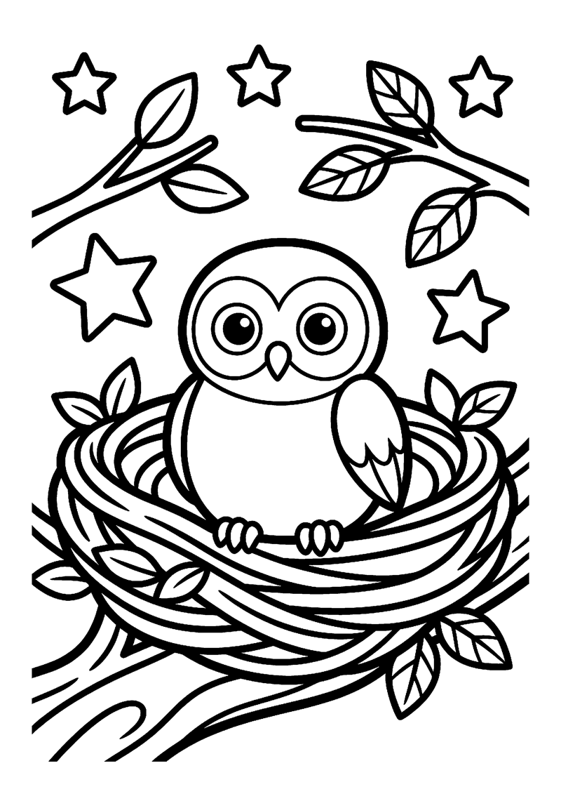 Kleurplaat met een schattig uiltje in een nest met takken, blaadjes en sterren eromheen.