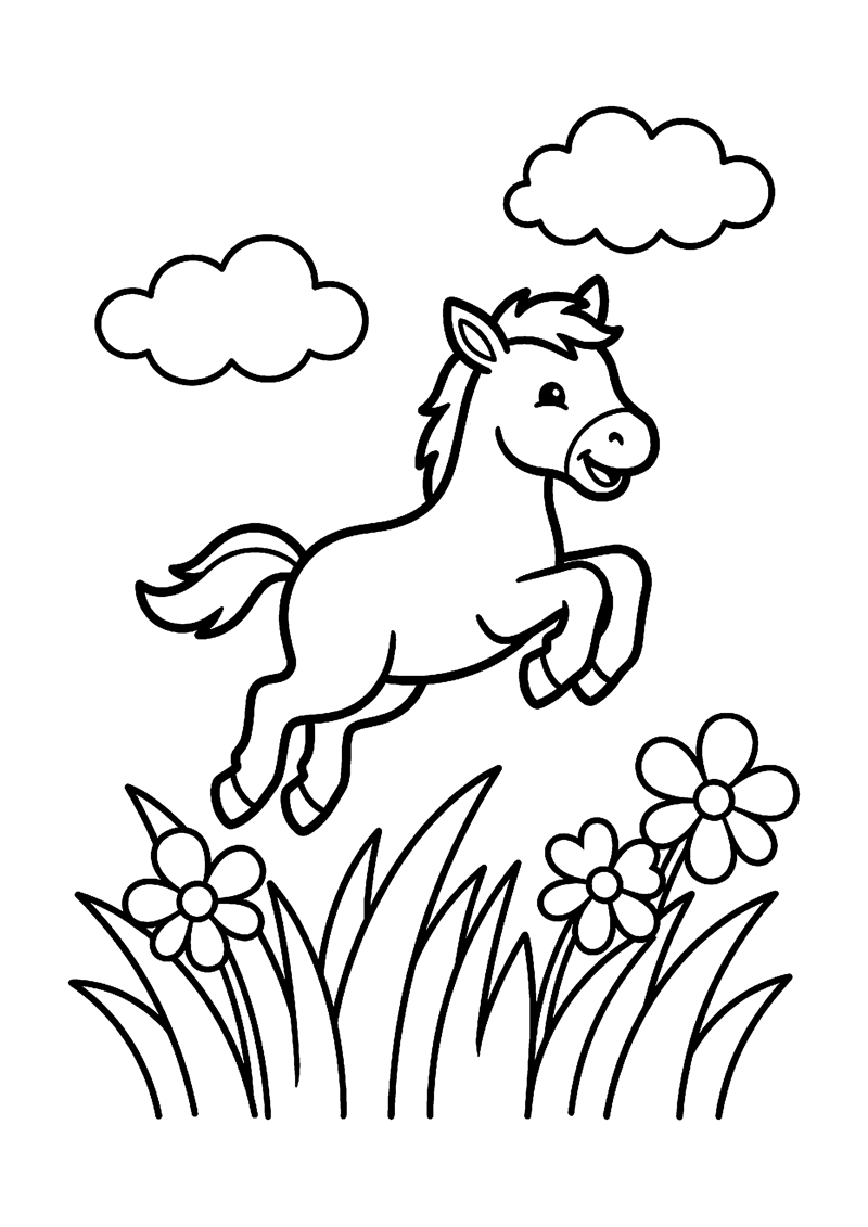 Kleurplaat van een lachend springend veulen boven een bloemenwei met madelieven en lang gras, met wolken in de lucht.