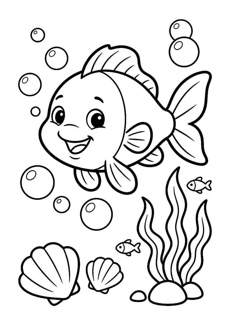 Kleurplaat van een lachende baby-vis met grote vinnen, met belletjes, twee schelpen, visjes en zeewier.