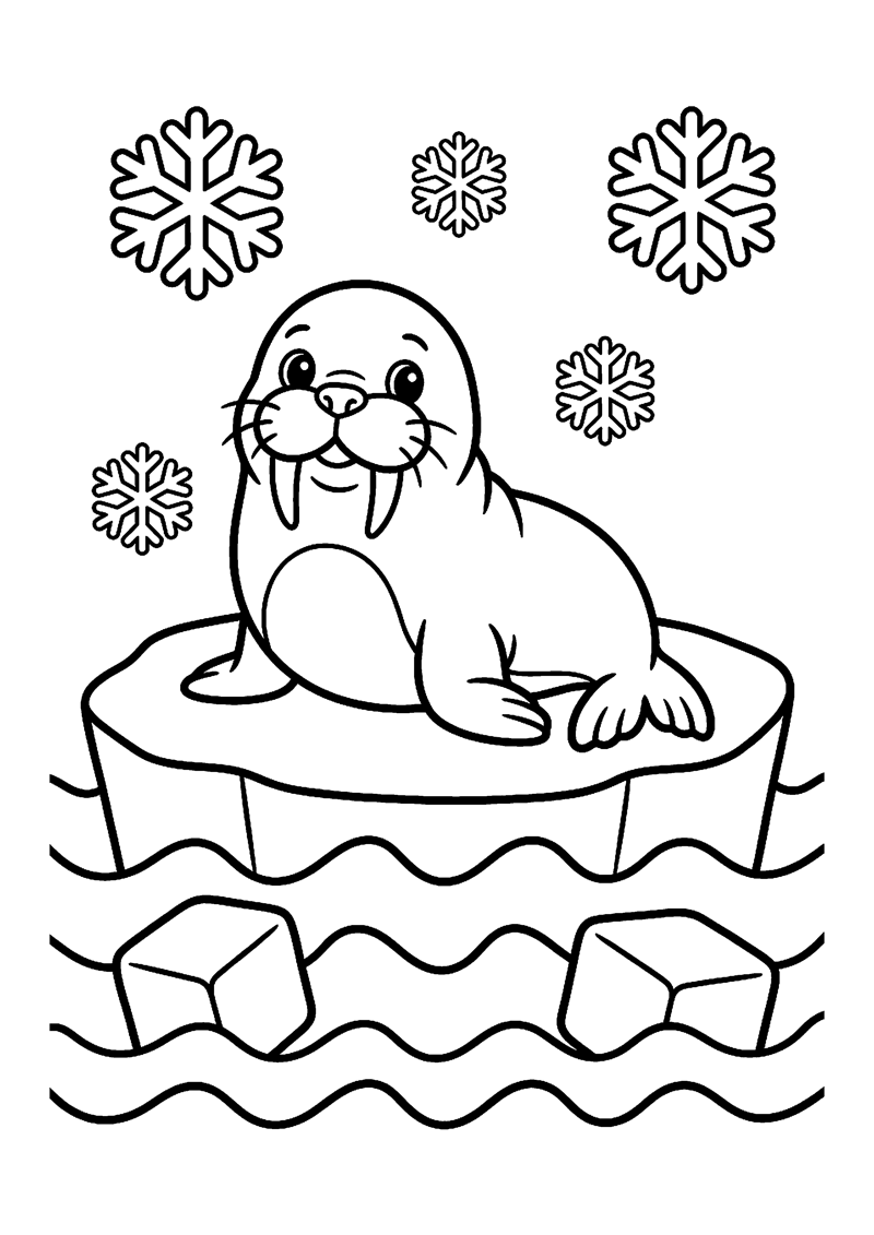 Kleurplaat met een baby walrus met slagtanden op een ijsschots met sneeuwvlokken en ijsblokjes.