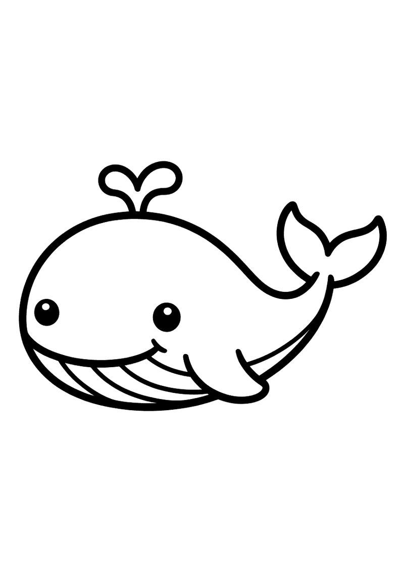 Kleurplaat van een schattige baby walvis met grote ogen en een hartjesvormige waterstraal boven op zijn kop