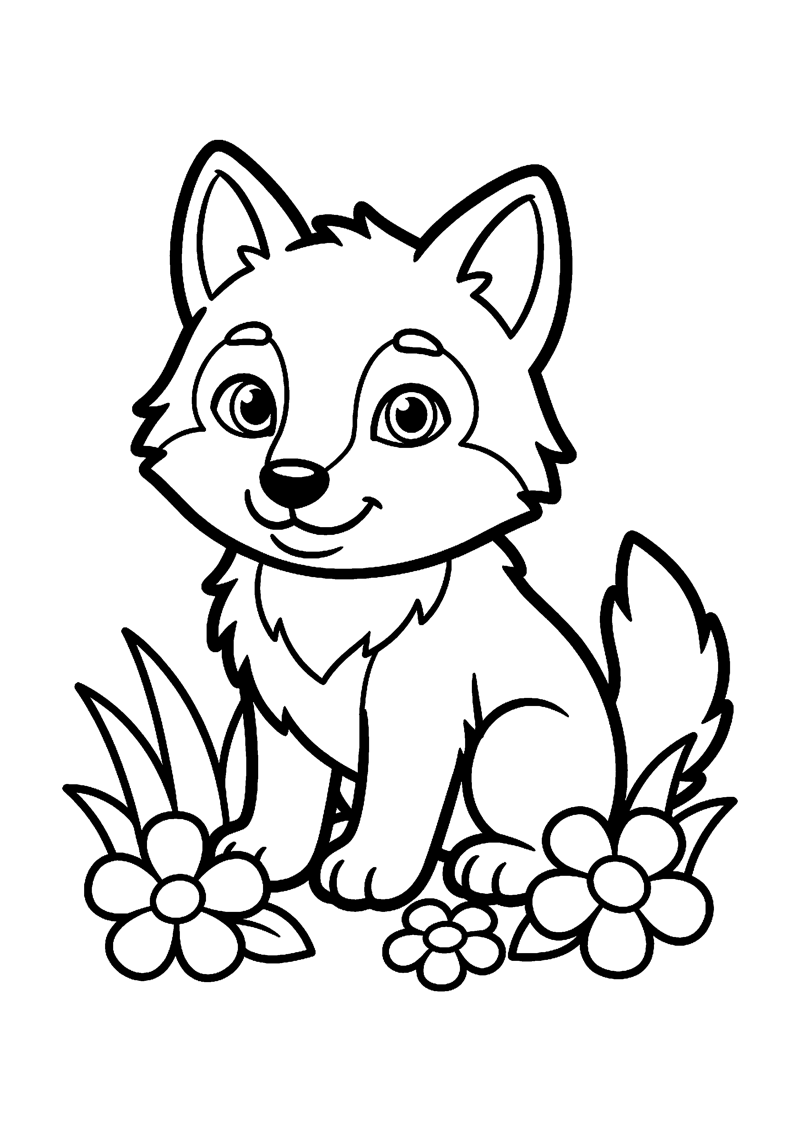 Kleurplaat met een schattige baby wolf met pluimstaart in het gras met bloemen.